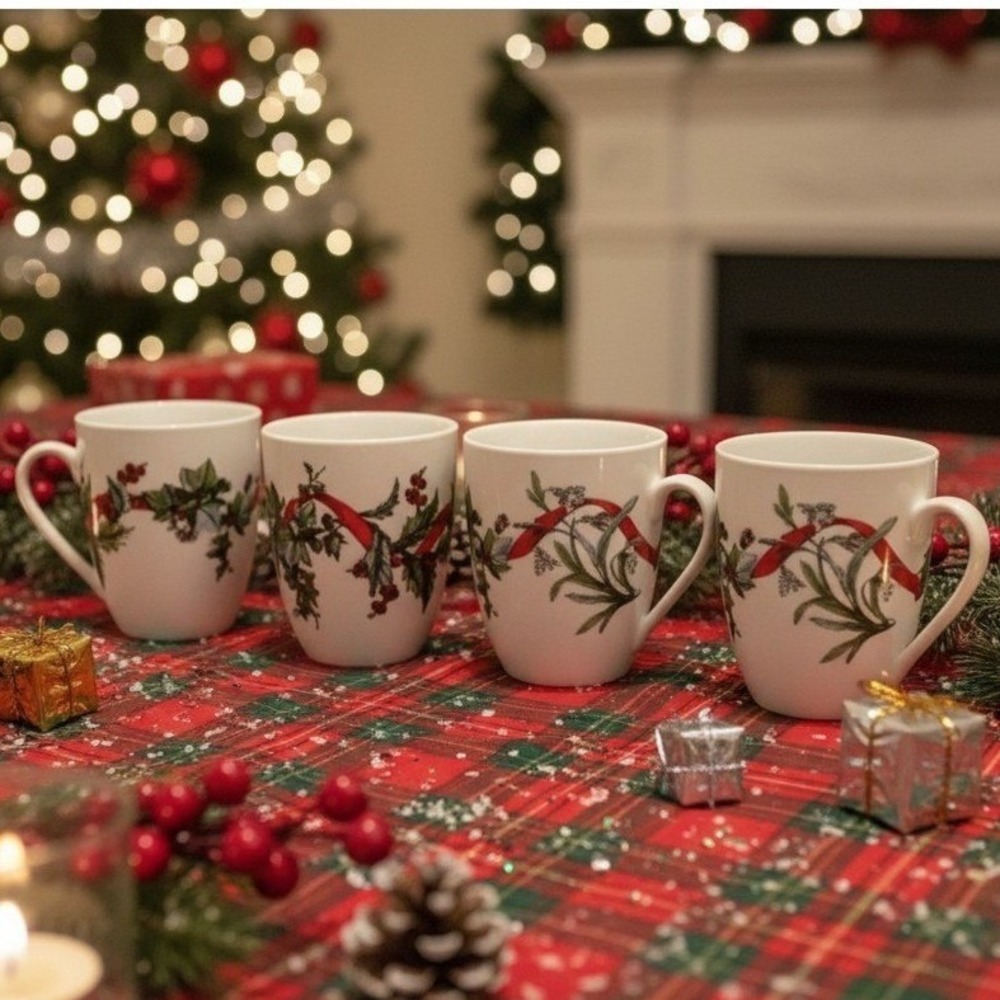 BrylaneHome Christmas Jolly Time Coffee Cups, Set of‎ 4, Holiday Ribbon Design